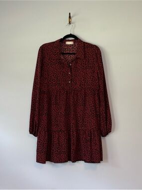 Altar'd State Burgundy and Black Animal Print Tiered Long-Sleeve Dress size L